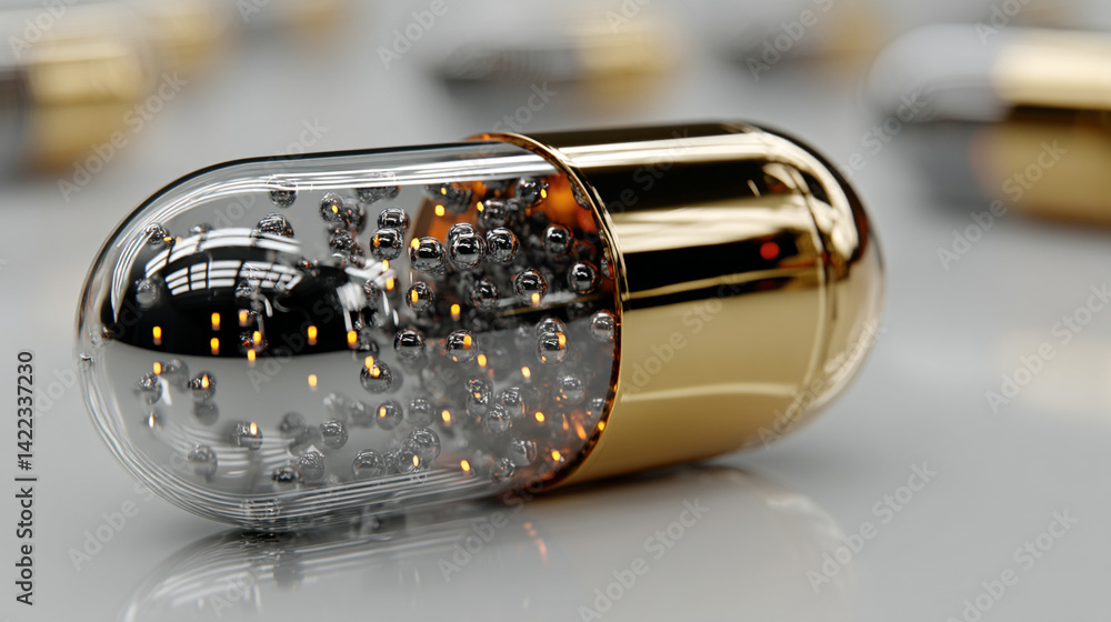 Poster a digital pill floats over a bright network background symbolizing ai precision medicine innovation 