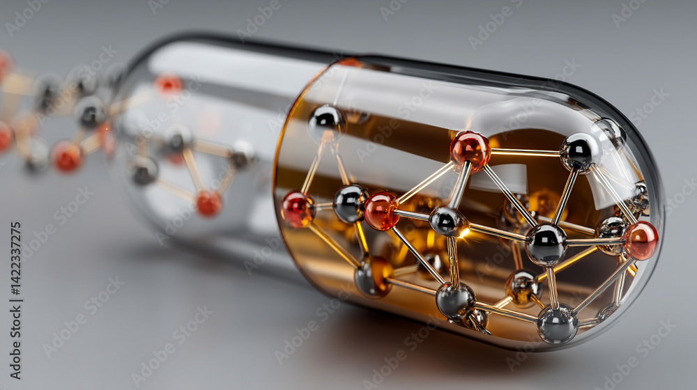 Poster a digital pill floats over a bright network background symbolizing ai precision medicine innovation 