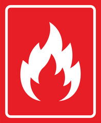 Minimalist red square safety sign with white flame symbol, clean vector design. Represents fire hazard, no background. Bold primary colors, simple graphic illustration for maximum clarity.
