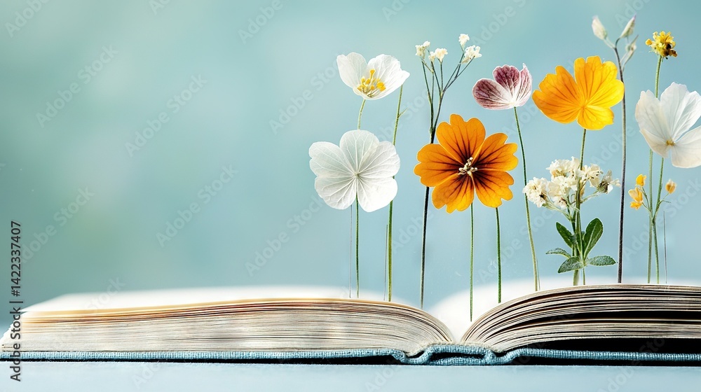 Poster an open book with a bouquet protruding from its pages rests atop the table