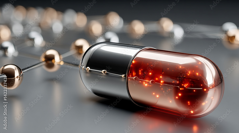 Poster a digital pill floats over a bright network background symbolizing ai precision medicine innovation 