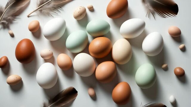 White and brown eggs, quail eggs, and feathers arranged against a backdrop. Flat lay, top-down perspective.