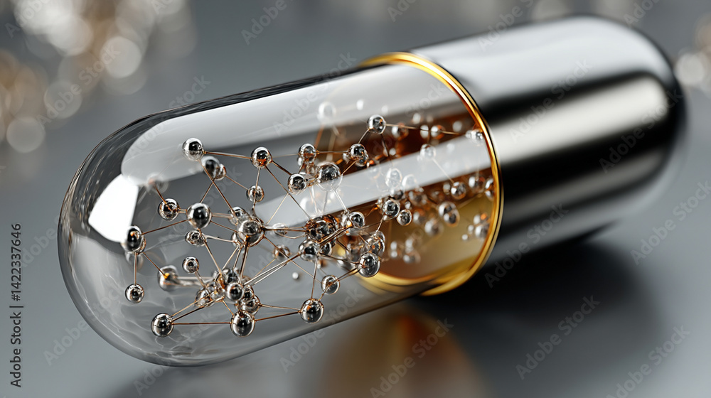Poster a digital pill floats over a bright network background symbolizing ai precision medicine innovation 