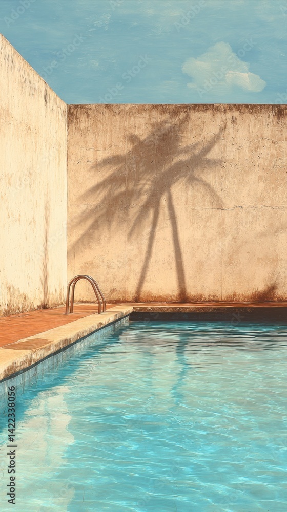Poster tranquil poolside oasis with palm tree shadow on weathered wall capturing serene summer vibe and azu