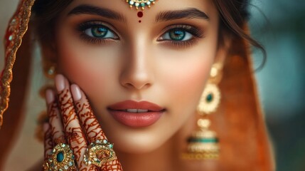 Obraz premium Beautiful indian girl with perfect skin touching face, crop