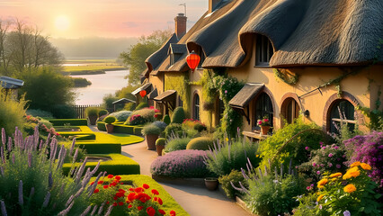 Old cottage in british rural style surrounded by blooming garden.