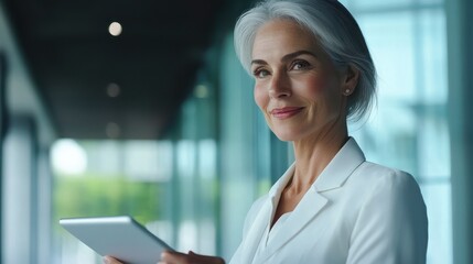 Fototapeta premium Smiling mature professional business woman bank manager, older happy female executive or lady entrepreneur holding digital tablet pad standing in office at work, looking away at copy space.