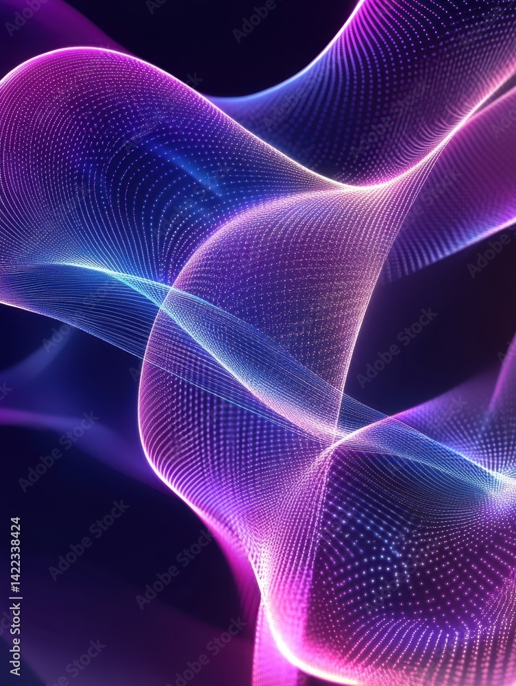 Poster abstract flowing curves of light with luminous dots on a dark background creating a modern visual ef