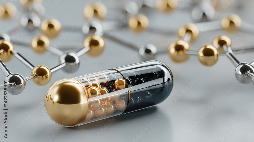 Poster a digital pill floats over a bright network background symbolizing ai precision medicine innovation 
