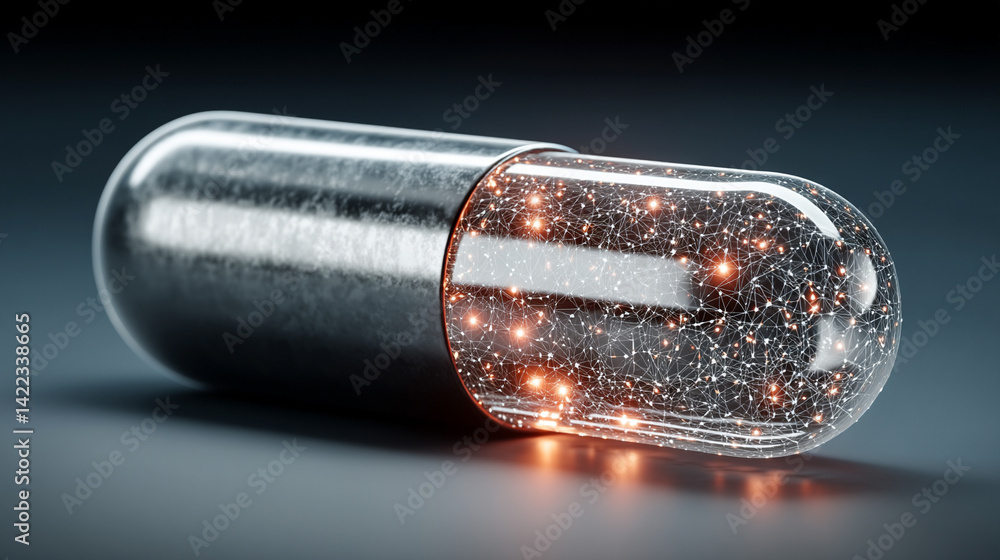 Poster a digital pill floats over a bright network background symbolizing ai precision medicine innovation 