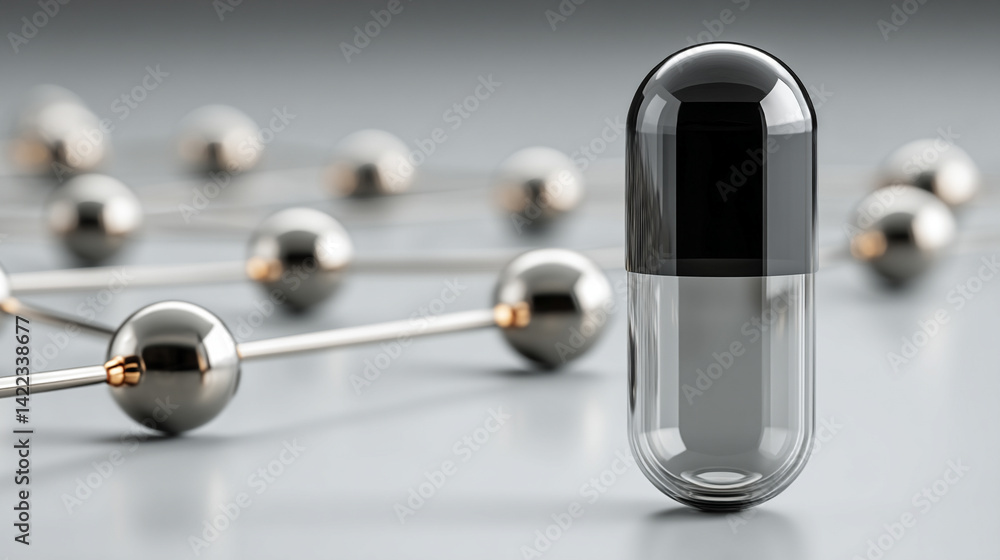 Poster a digital pill floats over a bright network background symbolizing ai precision medicine innovation 