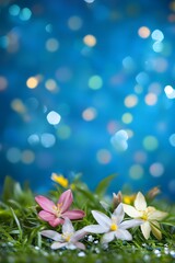 Fototapeta premium Vibrant Spring Flowers in Sparkling Blue Background
