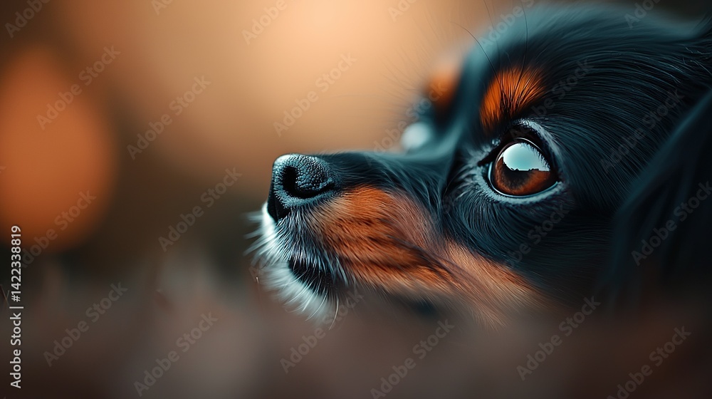 Poster a sharp focus on a dog's face with a hazy depiction of the animal behind it in the background
