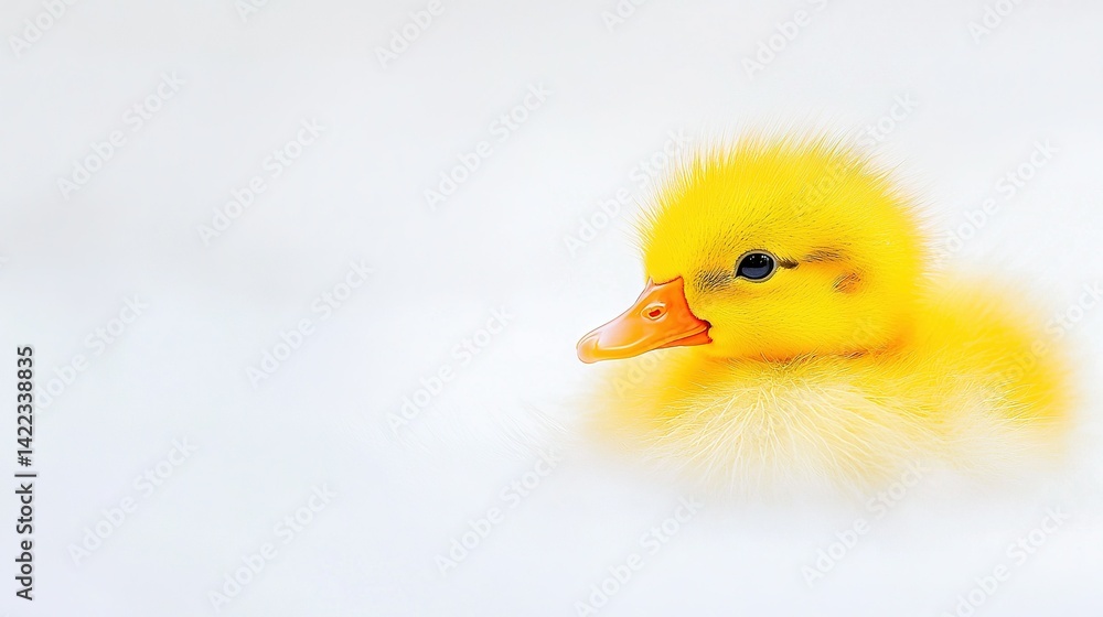 Poster a yellow duckling in sharp focus against a white backdrop with a blurred head