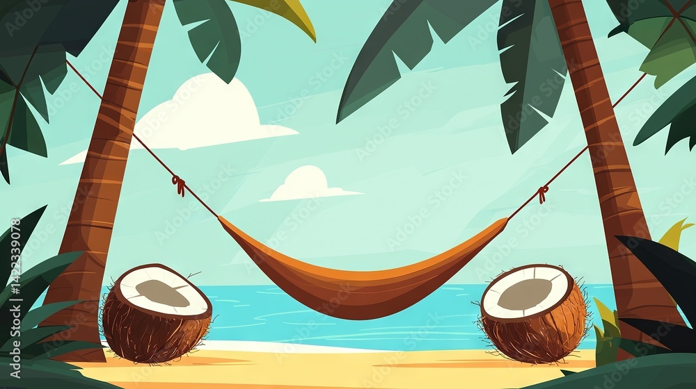 Poster hammock between two palm trees with coconuts in fg, ocean in bg