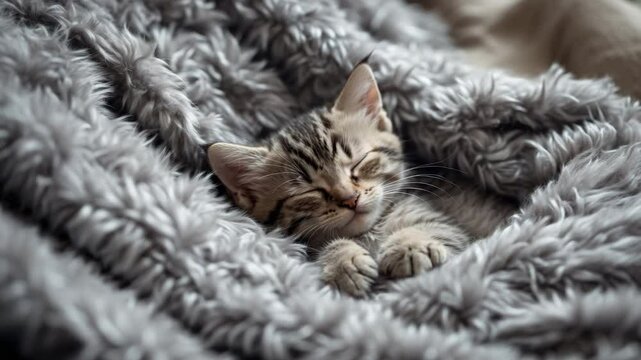 Kitten dozing in a plush blanket. Cute feline friend. Resting habits and sleep training. Cozy home with a pet.