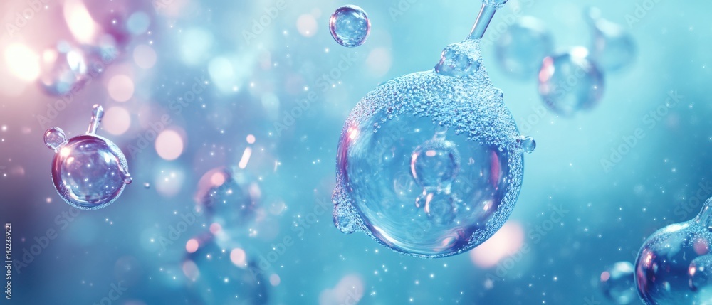 Poster abstract blue spheres with sparkling lights and bokeh effect creating a serene and futuristic atmosp