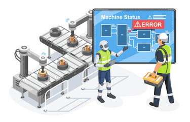 AI assistant identifying machine error on smart production line and guiding technician for timely maintenance and efficient troubleshooting in industrial automation system