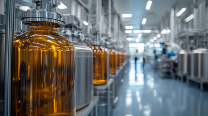 Modern shiny metal laboratory showcasing precision fermentation process with advanced biotech equipment and scientists working on sustainable food production in a high-tech research environment

