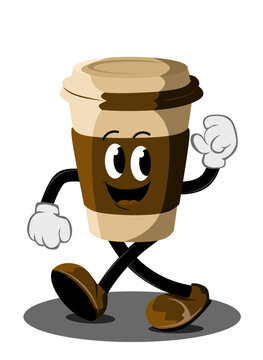 walking Coffee cup cartoon mascot illustration character vector clip art Cute Mascot Illustration Coffee Paper Mug, Flat Cartoon Style Suitable for Landing Page, Banner, Sticker, Background.isolated 