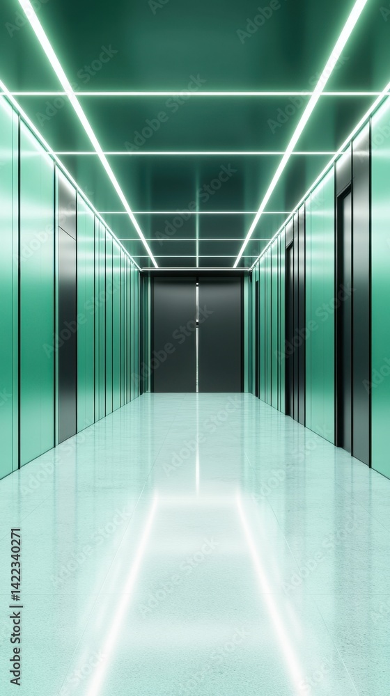 Poster illuminated teal corridor with sleek design and modern architecture creating a futuristic ambiance a