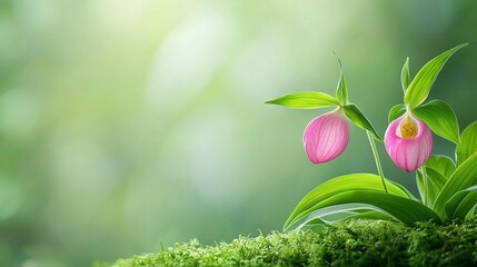 Fototapeta premium Pink flowers on green grass with a green leafy plant in the background