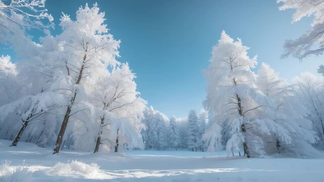 Snow-covered trees glisten under blue skies.