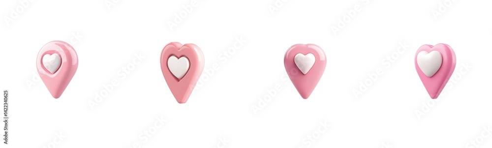 Poster pink heart-shaped location pointers with white centers in various designs displayed in a row