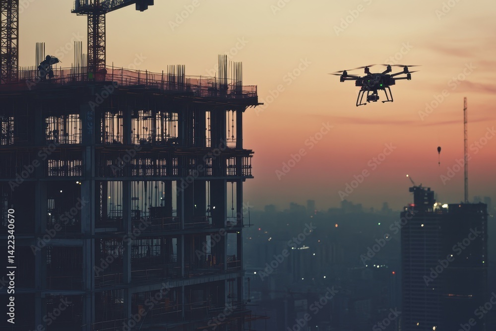 Poster in the near future, buildings are constructed by drones using carbon-based materials found in the at