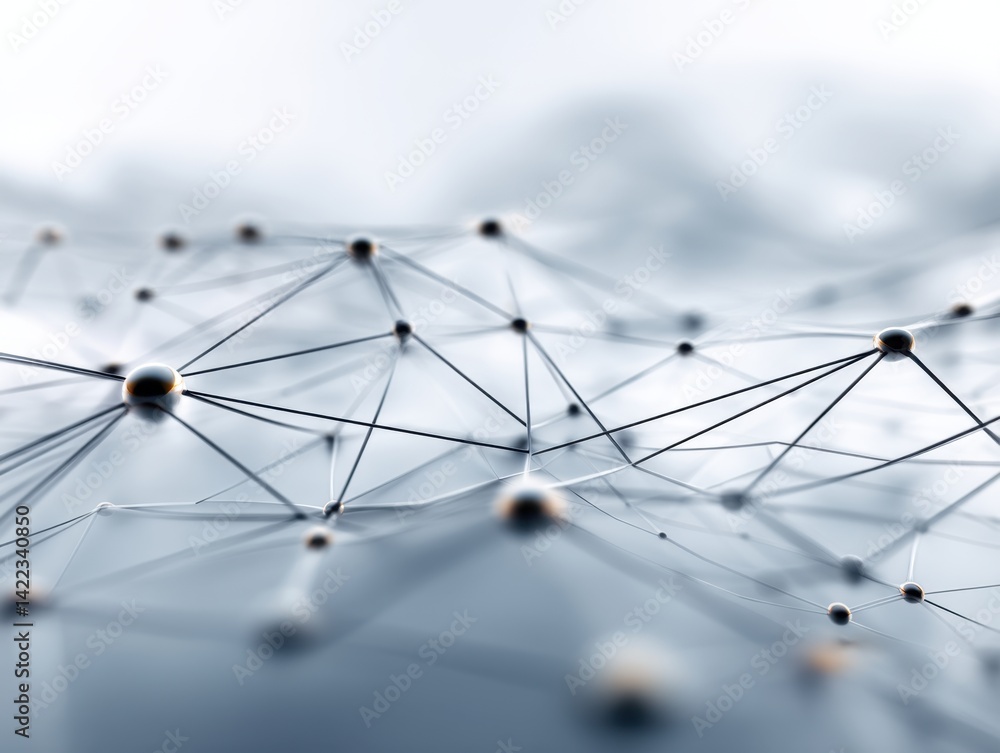 Poster abstract network connection with metallic spheres and lines on a blurred light background representi