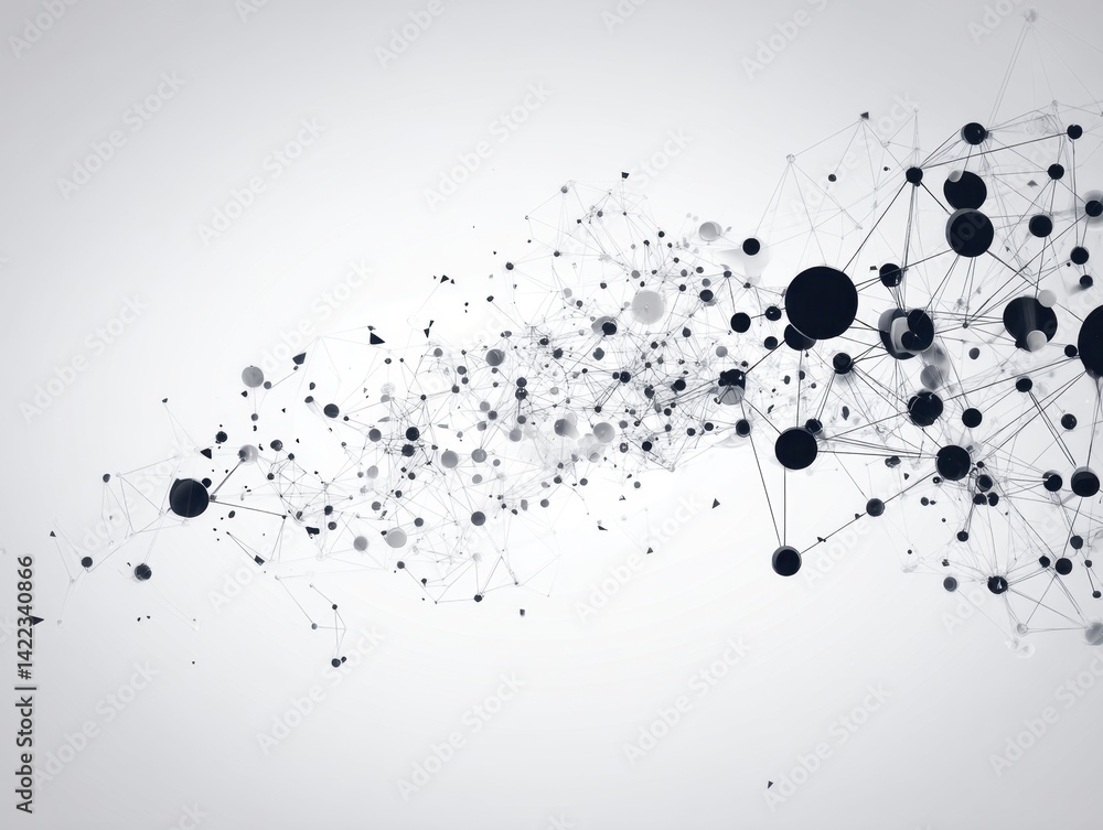 Poster abstract network connection with black and white spheres and lines on a bright background creating a
