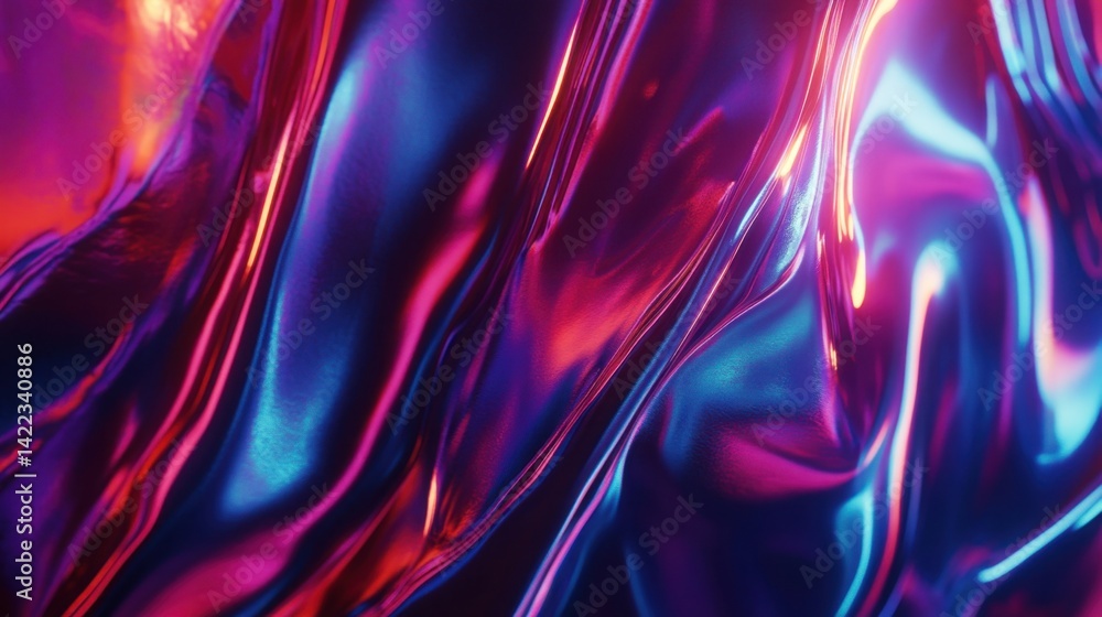 Poster abstract iridescent flowing fabric with vibrant neon colors and dynamic light reflections for modern