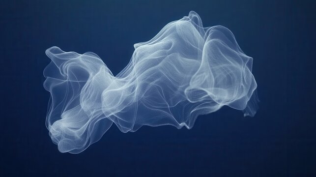 Ethereal white abstract form floating in a deep blue space creating a sense of movement and lightness against a dark background with a modern digital style