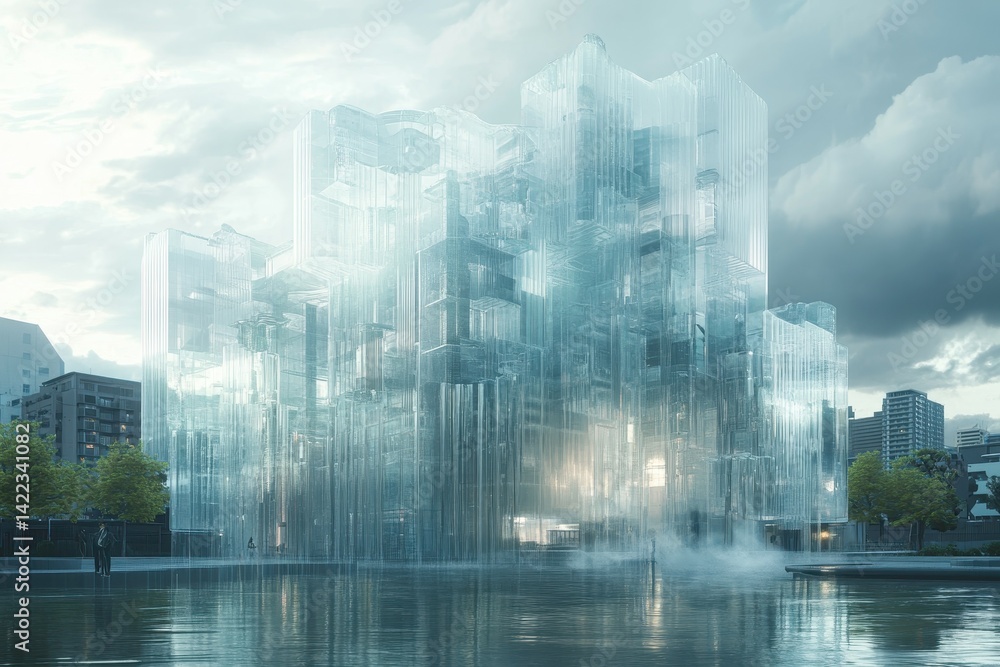 Poster in the near future, buildings are made from transparent materials that are self-healing and can chan
