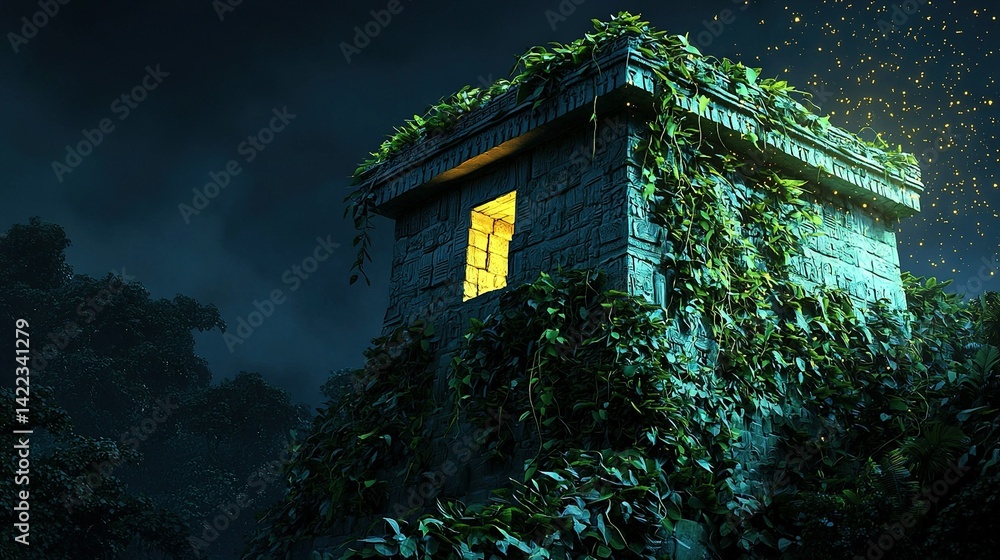 Poster a midnight image featuring a towering structure adorned with a vine-covered window, surrounded by a 