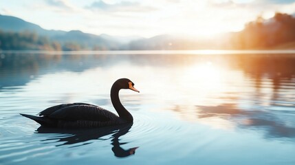 Fototapeta premium A black swan glides atop a tranquil lake beside a verdant forest, framed by azure skies and fluffy clouds