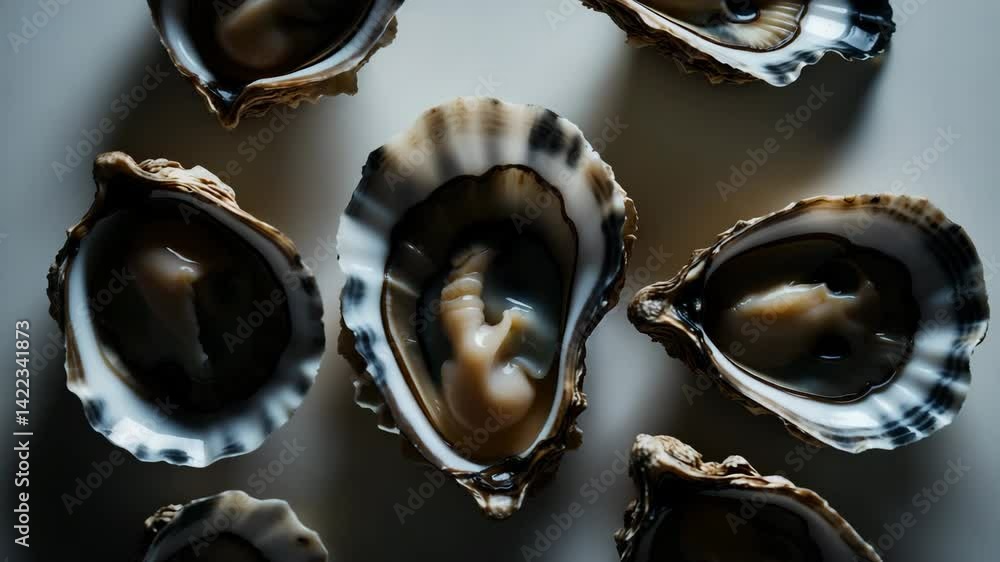 Poster detailed view of arranged oyster shells on a backdrop. various oyster shells. top-down perspective.
