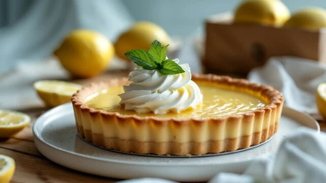 Lemon tart accompanied by whipped cream and mint, a delightful dessert.