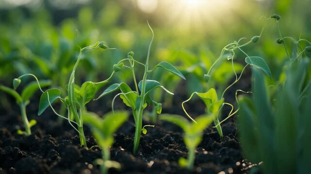 Young pea plant seedlings flourish in lines across a sunlit field.