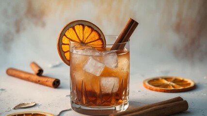 Delicious cocktail served in a glass with dried orange slices and cinnamon sticks.