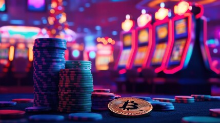 A stack of colorful poker chips with a Bitcoin coin, set against the backdrop of slot machines in a vibrant casino environment.