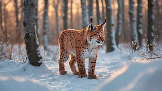 Lynx in winter: A young lynx wanders through a snow-covered forest. Beautiful wild cat in its habitat. Charming animal with spotted coat. Hunter on a cold day. Predator in its