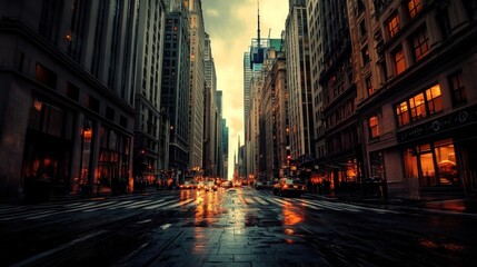 Rainy Evening in the City, Cityscape at Dusk