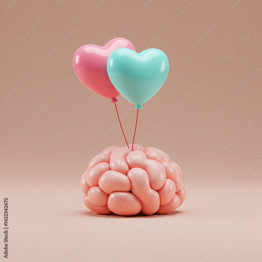 Poster 3d rendering of a brain with two heart-shaped balloons attached to it on a plain background.