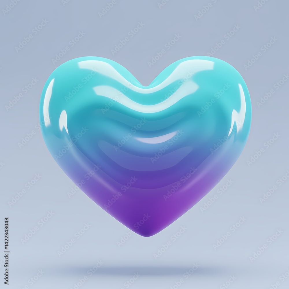 Poster 3d a glossy, abstract heart shape in a gradient of colors transitioning from blue to purple.