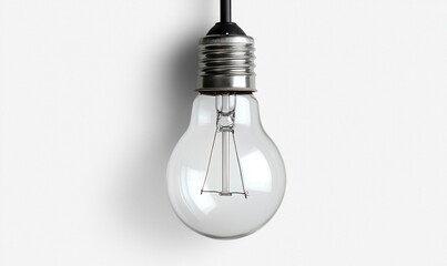 Hanging lightbulb, clear glass, white background, idea concept, website design