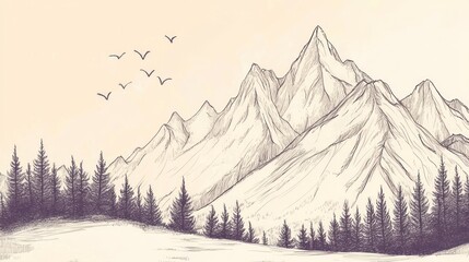 Majestic mountain range sunrise, birds flying, evergreen forest