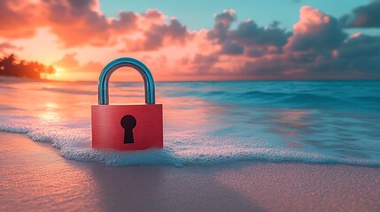 Security Concept On Beach During Sunset With Padlock In The Sand Photo