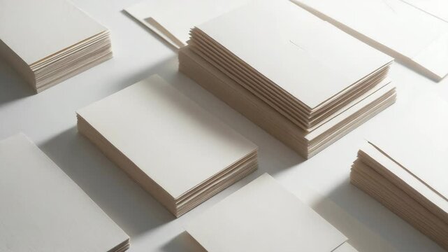 Collection of blank handmade paper business cards, shown both individually and in stacks, set against a white background, featuring cut-out luxury stationery, branding or business