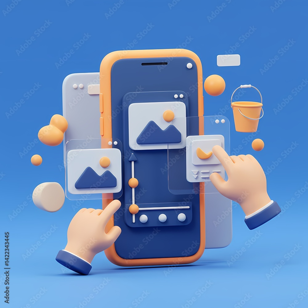 Poster 3d illustration of a smartphone with various icons and elements floating around it